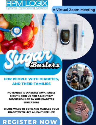 Promotional poster for a virtual Zoom meeting titled "Sugar Buster," targeting diabetes management in CCM Florida, featuring images of fruits, a glucose meter, and a group discussion.