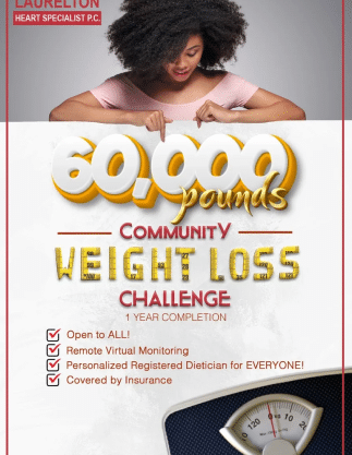 Woman peering at a scale, with text advertising a "60,000 pounds community weight loss challenge" including one-year monitoring and virtual dietitian services by CCM Florida.