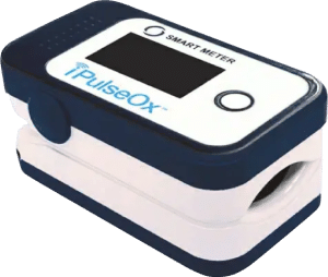 A portable blue and white pulse oximeter displaying its brand name "pulseox" and screen, used to measure oxygen saturation for RPM pulmonology.