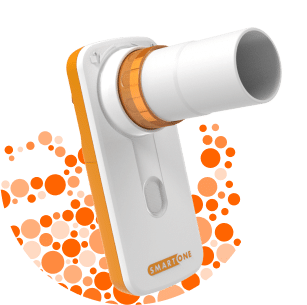 Orange and white digital stethoscope with the label "smartone" against a white background with orange dots, designed for RPM applications.