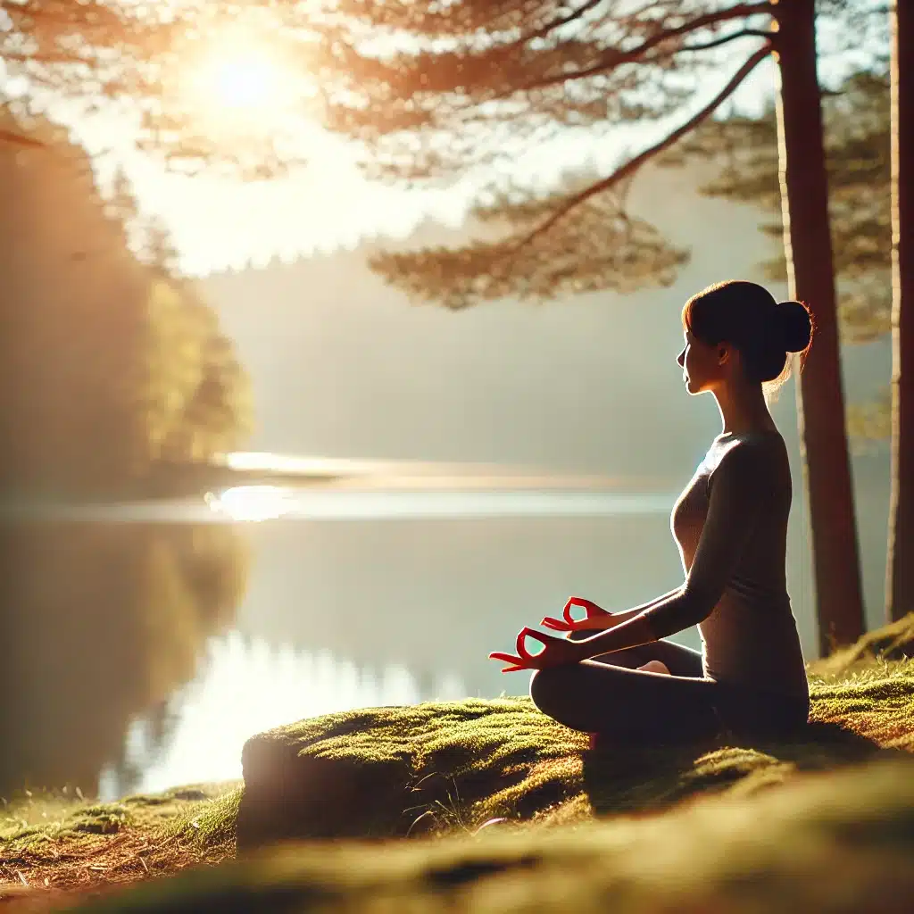 A person sits cross-legged, meditating on a moss-covered rock by a serene lake, surrounded by trees. The sun shines in the background, creating the perfect setting for effective stress management.