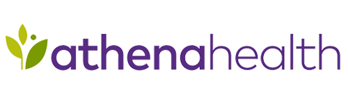 The logo of athenahealth features a stylized green leaf design on the left, reflecting its commitment to innovative healthcare software, with the company name in purple letters.