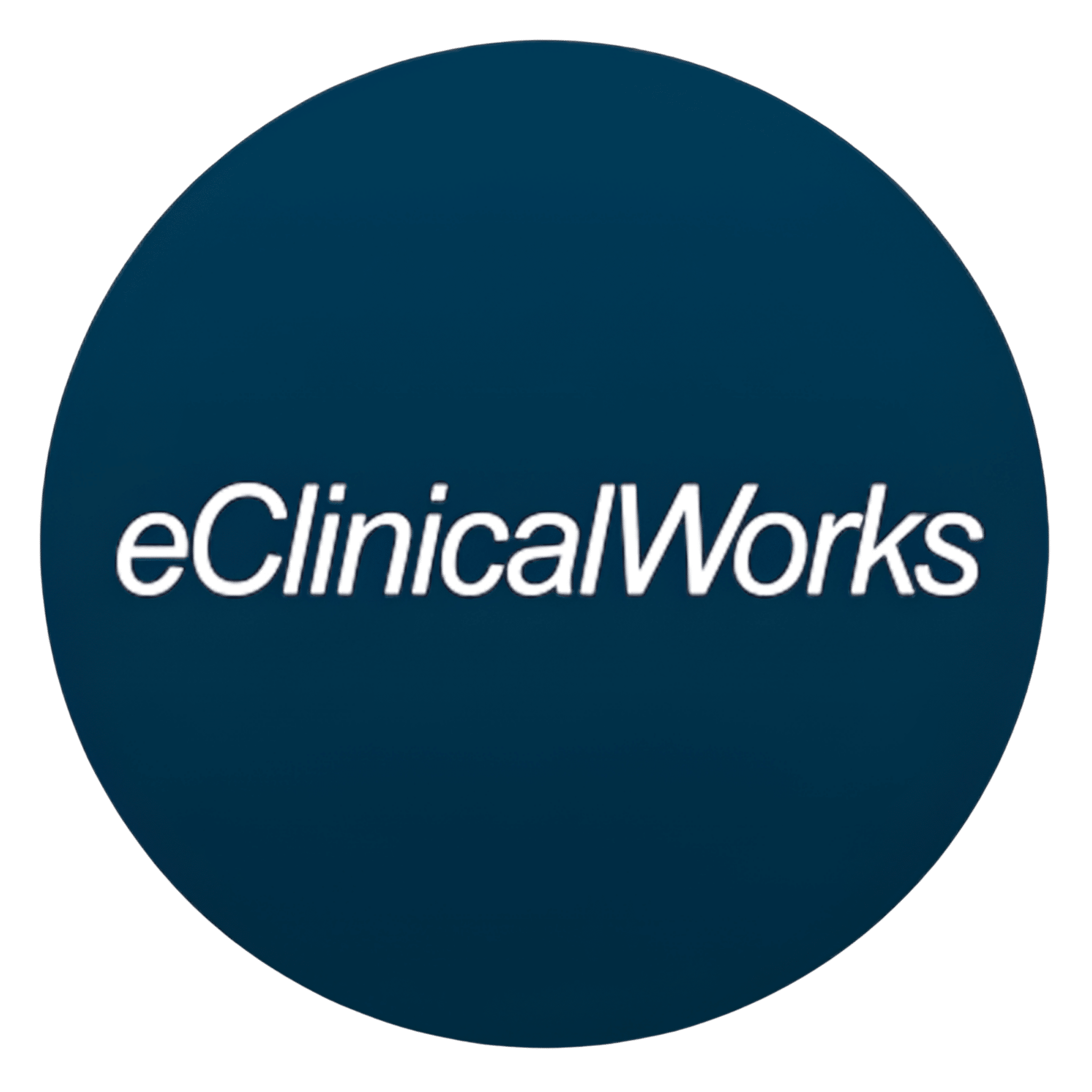 White text "eClinicalWorks" centered on a dark blue circular background, reflecting seamless EHR Integration.
