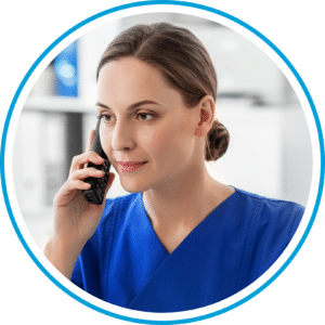 A person in a blue uniform is chatting on the phone, trying to find the perfect sleep buddy to ensure restful nights ahead.