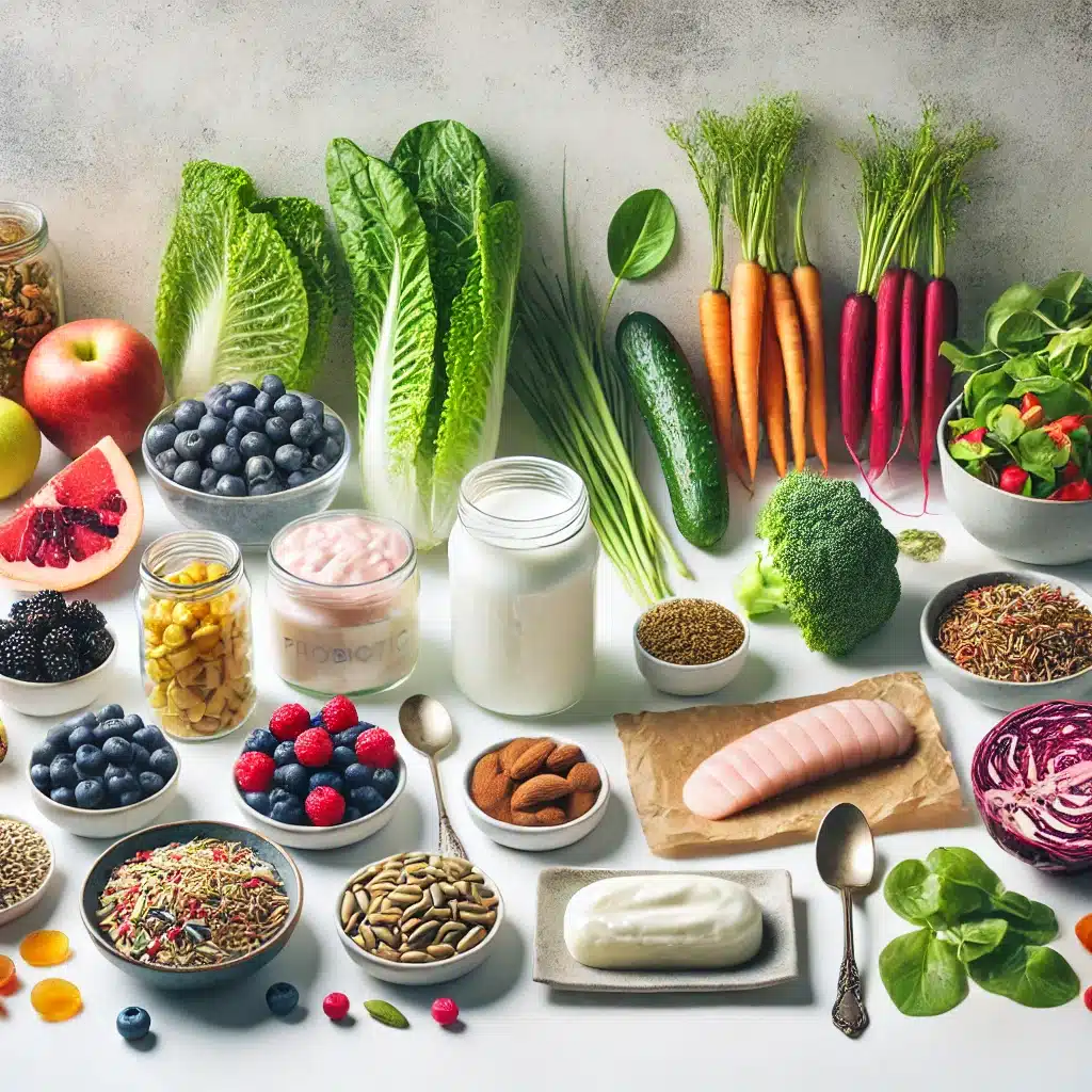 A variety of fresh fruits, vegetables, grains, nuts, a jar of milk, probiotic yogurt, and a piece of chicken breast are neatly arranged on a white surface—perfect ingredients to support digestive wellness and fuel your life.
