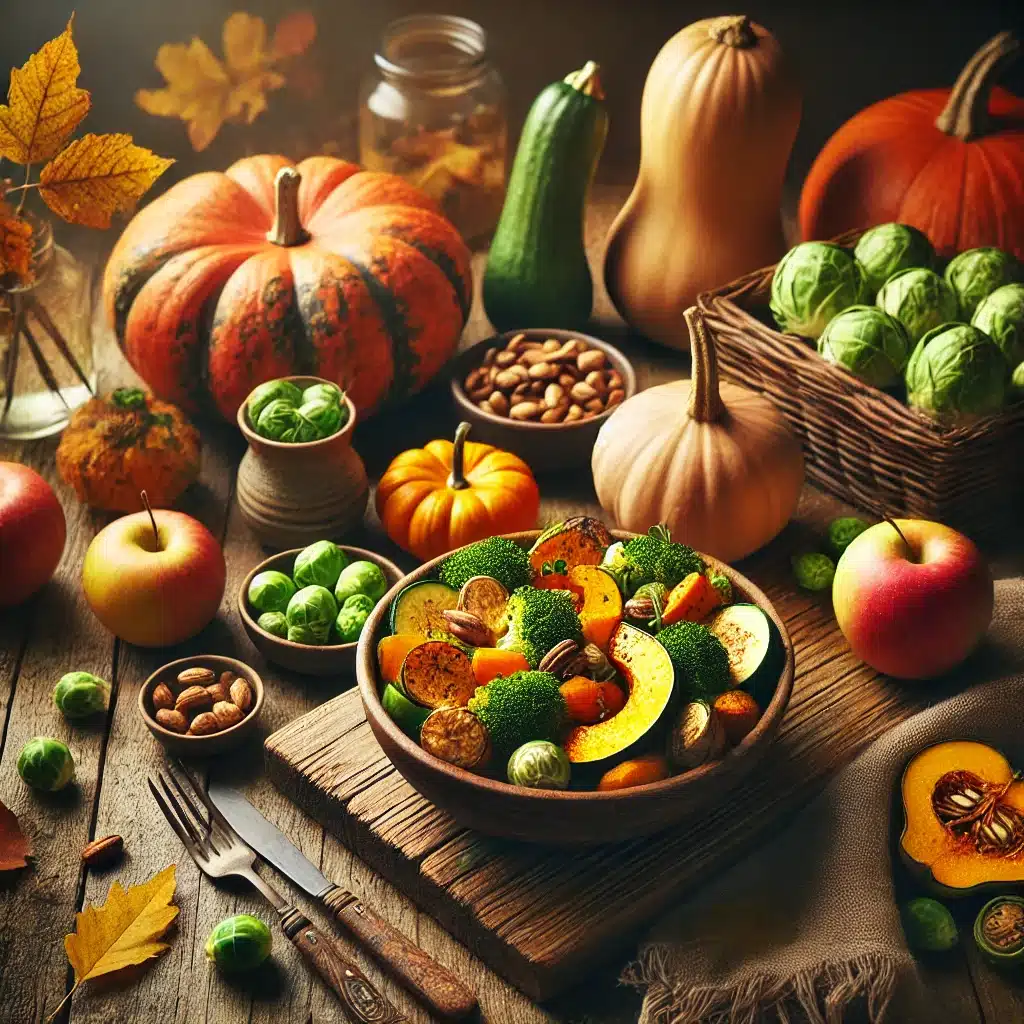 A rustic table embraces the season by displaying a variety of autumn vegetables and fruits, including pumpkins, apples, zucchini, brussels sprouts, and nuts. They surround a bowl of mixed roasted vegetables, offering a seasonal nutrition guide through their vibrant flavors and colors.