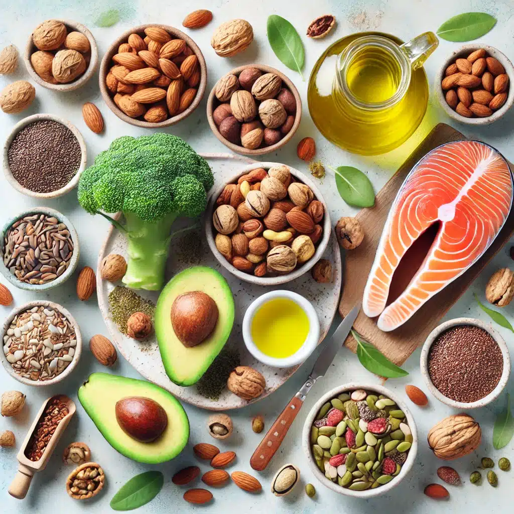 A variety of nutritious foods, rich in healthy fats, including avocado, salmon, broccoli, nuts, seeds, and olive oil are artfully arranged on a light surface.