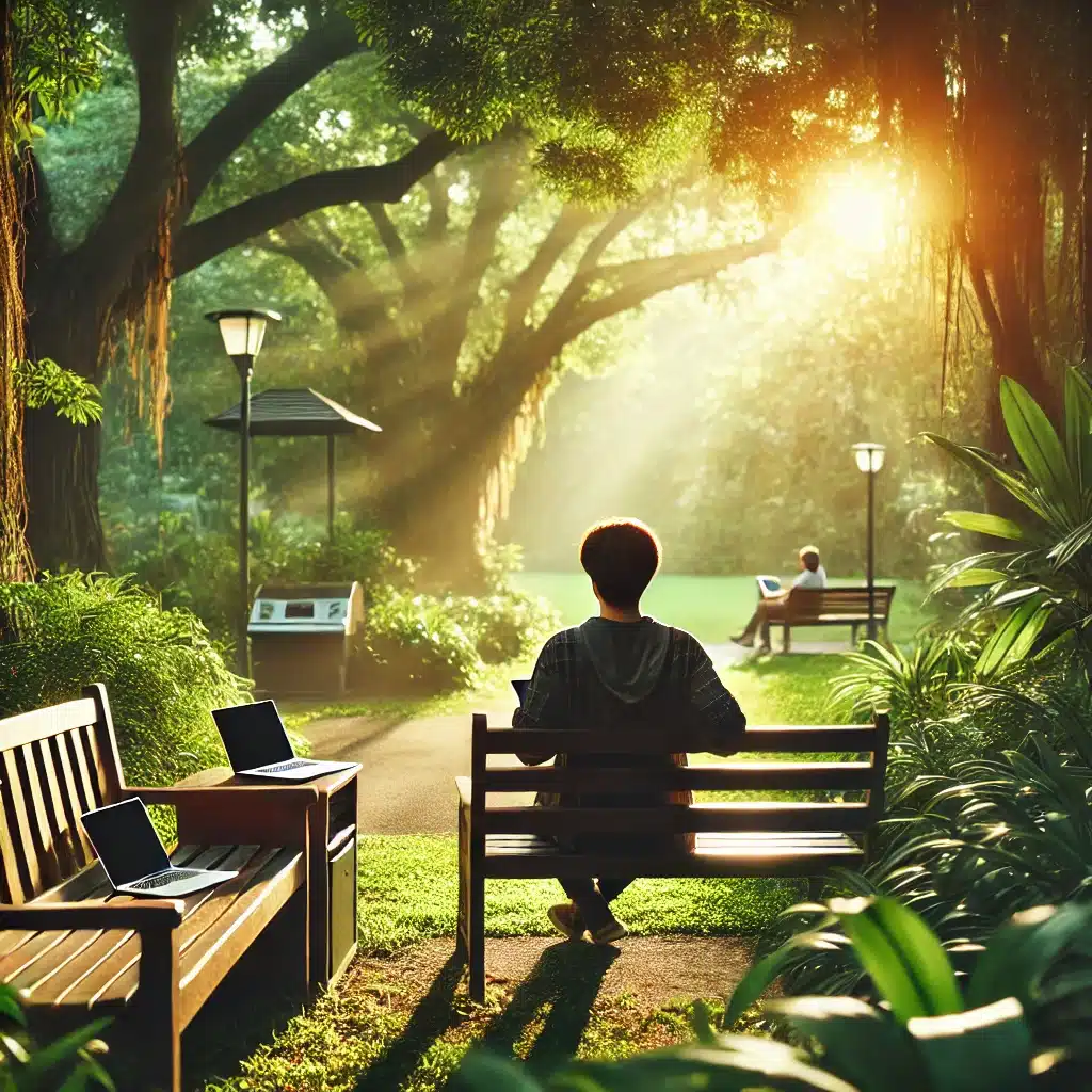 A person enjoys a digital detox, sitting on a park bench under trees with sunlight streaming through. Laptops rest on nearby benches, and another person is reading in the background, embracing tech balance.