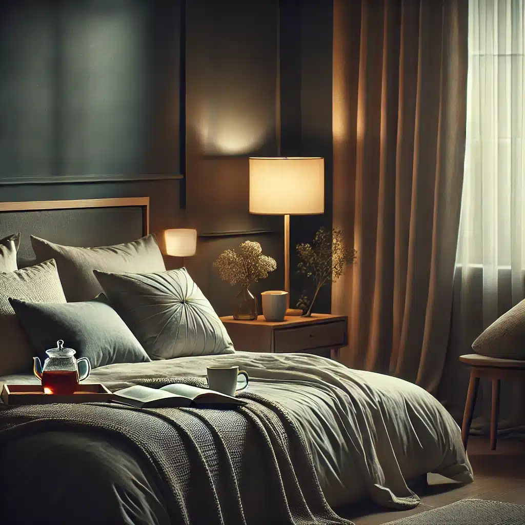 A cozy bedroom showcases the art of sleep hygiene with a neatly made bed, bedside tables featuring lamps, a cup, a teapot, and an open book. Soft lighting paired with elegant curtains crafts the ultimate sleep ambiance.