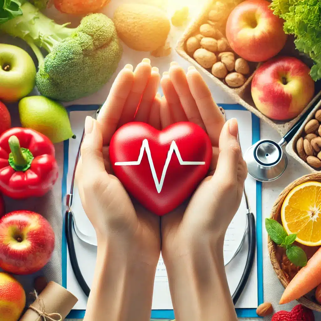 Hands gently cradle a heart-shaped object with a heartbeat line, enveloped by an array of fruits, vegetables, nuts, and a stethoscope. This harmonious scene symbolizes heart health, love for nutrition, and taking care of yourself.