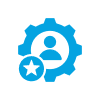 Blue gear icon with a person silhouette inside, a star adorning the lower left corner, symbolizes revolutionizing therapy.