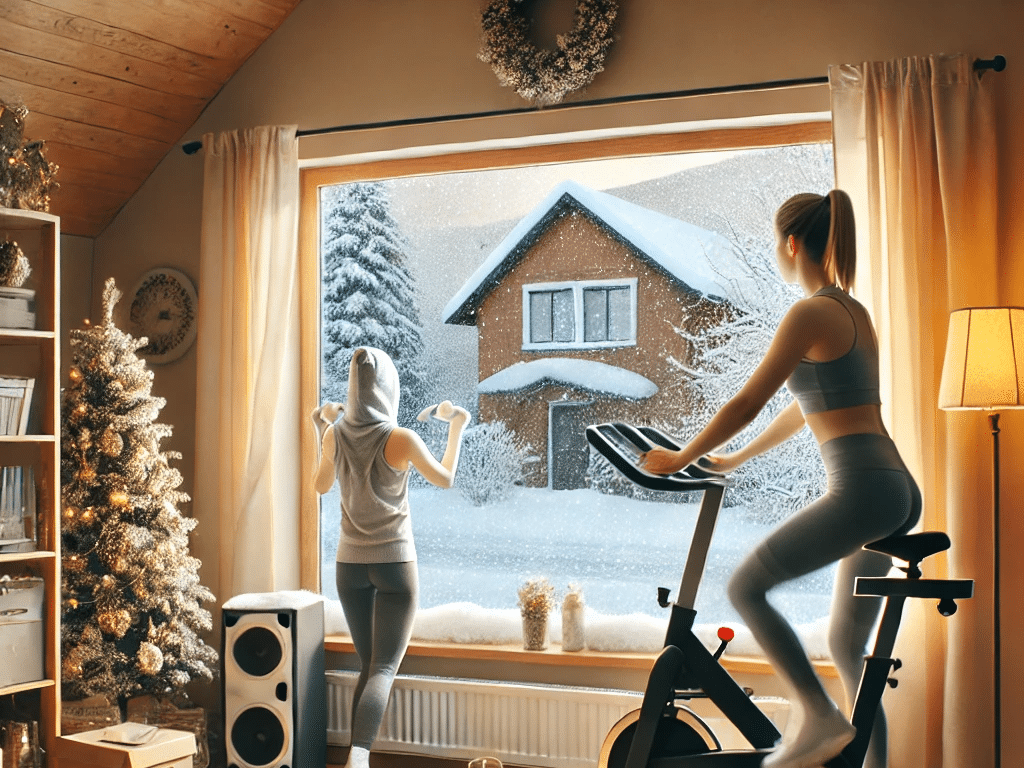 Two women exercise in a cozy room with festive decor during winter. One rides a bike while the other stretches by a large window, overlooking a snowy house and trees. It's truly a wonderful time to stay active indoors, embracing the cold weather outside.