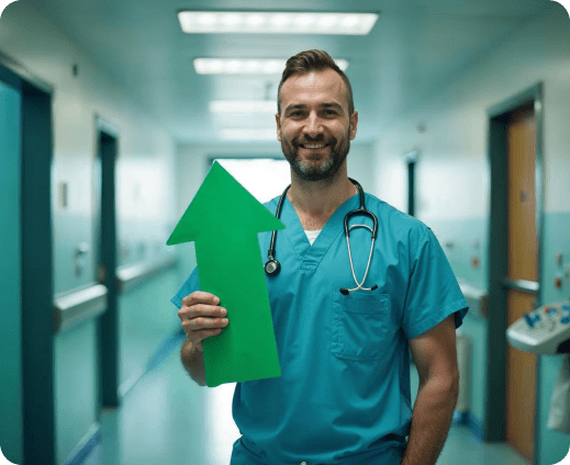 A male doctor in blue scrubs holds a large green arrow in a hospital corridor, smiling at the camera, symbolizing the promise to double your revenue.