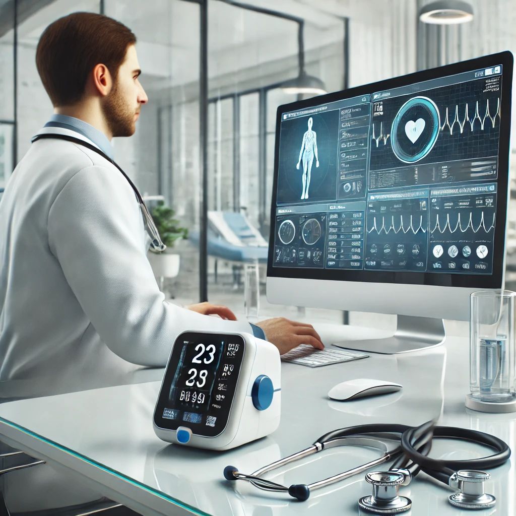 A doctor in a white coat reviews medical data on a computer, utilizing RPM management services. A digital blood pressure monitor and stethoscope are on the desk.