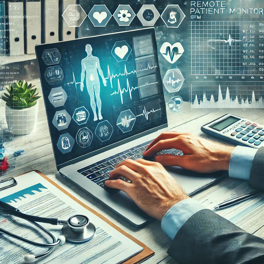 A person types on a laptop displaying medical data and graphics. Nearby, a clipboard, stethoscope, calculator, and plant sit on the desk. A digital interface titled "Remote Patient Monitor" highlights patient education as it integrates CPT Code 99453 for seamless device set-up.