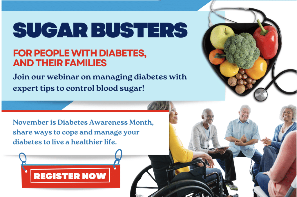 Promotional image for a diabetes management webinar, featuring diverse individuals, vegetables, and a stethoscope. Discover how taking just 5 minutes to learn can make a difference. Includes registration details and highlights November as Diabetes Awareness Month.