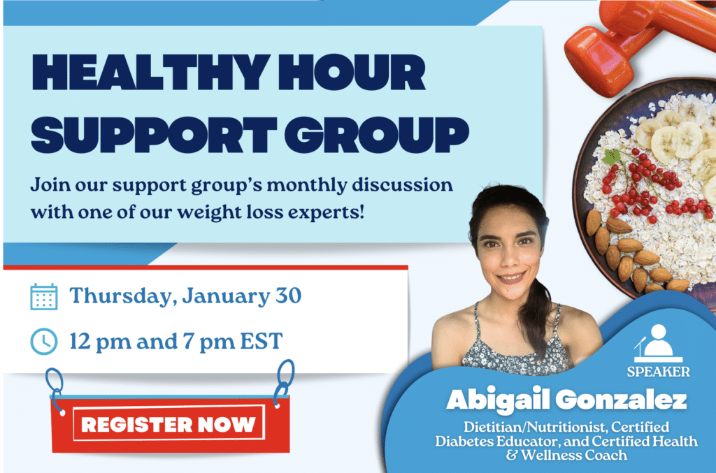 Promotional image for "Healthy Hour Support Group" featuring speaker Abigail Gonzalez. Discover tips to double your revenue while enjoying a healthy lifestyle. Event on Thursday, January 30 at 12 pm and 7 pm EST. Includes an image of nutritious food.