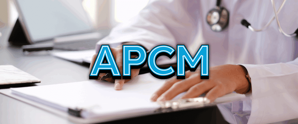 A person in a white coat writes on a clipboard at a desk with a laptop and stethoscope, highlighting the role of Medicare Providers in Chronic Care Management. Large text "APCM" overlays the image.