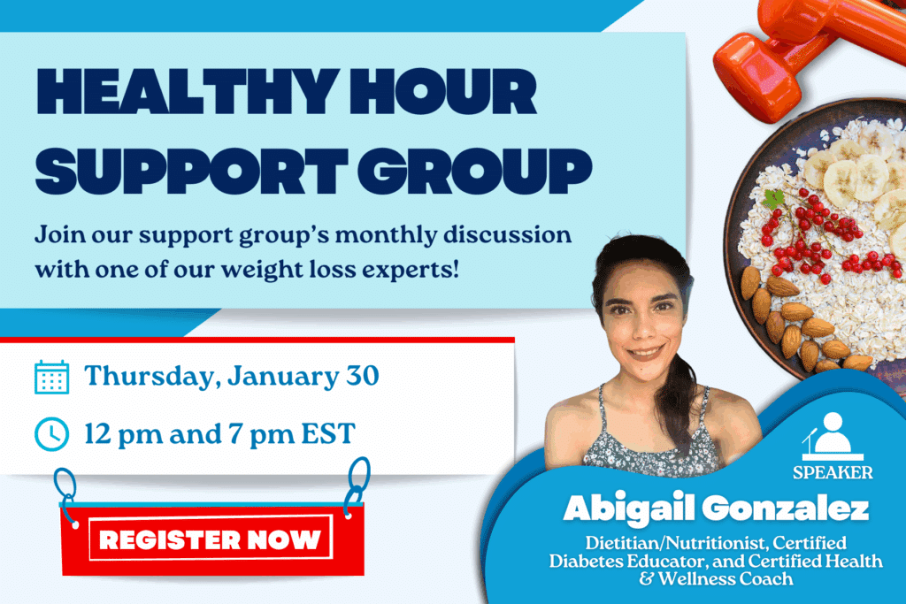 Flyer advertising a weight loss support group with Abigail Gonzalez as the speaker, including details for a meeting on January 30 at 12 pm and 7 pm EST and a "Register Now" button.