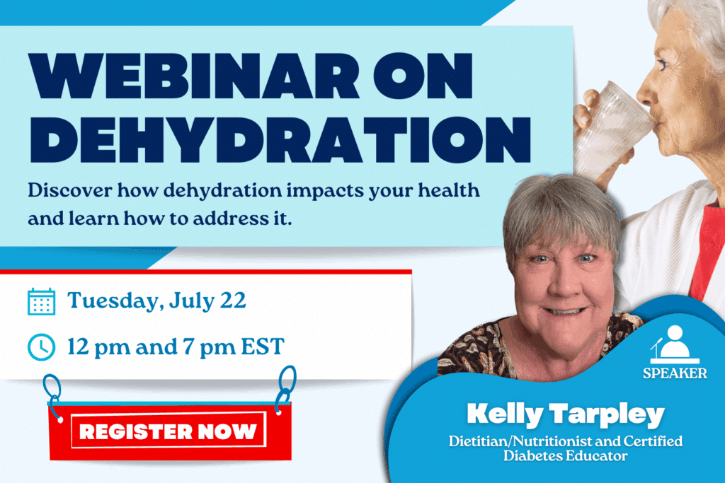 Webinar on dehydration poster with event details, featuring a woman drinking water and a photo of speaker Kelly Tarpley, a dietitian and diabetes educator.