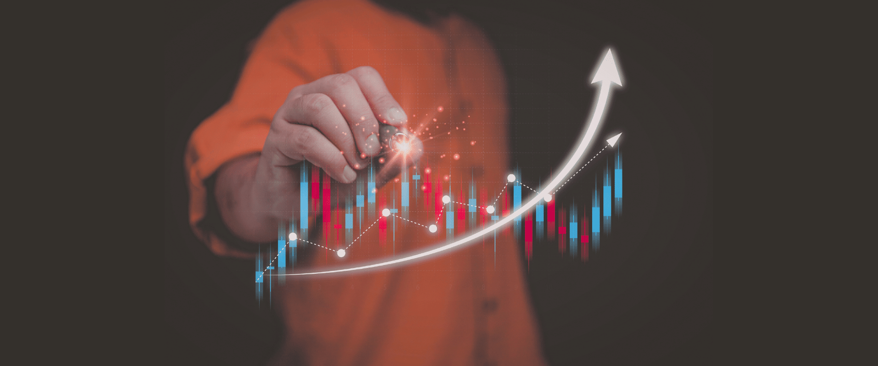 A person in an orange shirt touches a virtual screen displaying a rising financial chart, highlighting the projected rpm reimbursement increase 2026 with upward arrows and glowing data points.