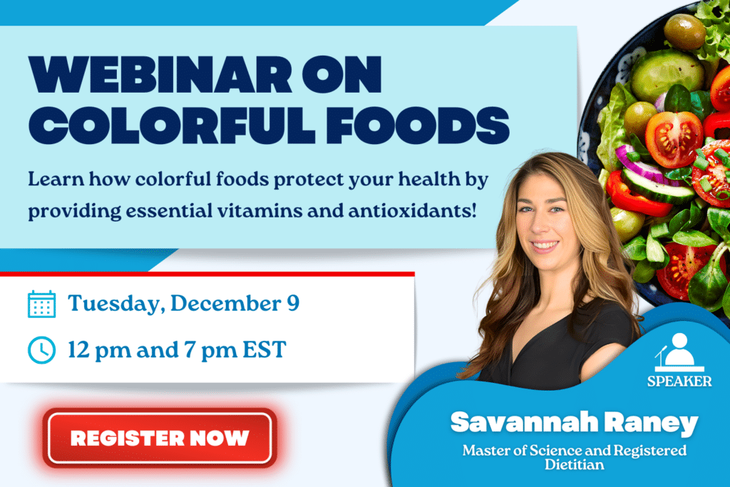 Join our webinars on colorful foods with registered dietitian Savannah Raney; event details and register button appear next to a vibrant salad bowl. Great for those seeking nutrition tips or support groups focused on healthy eating.
