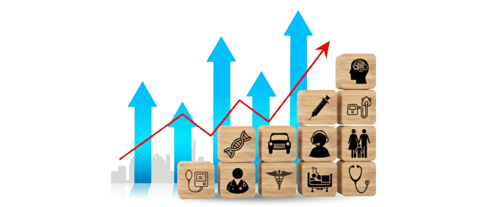 Wooden blocks with various healthcare, technology, and automotive icons are stacked in front of rising blue arrows and a red upward graph line, symbolizing growth in multiple sectors like BHI Integration and G0558 Reimbursement.
