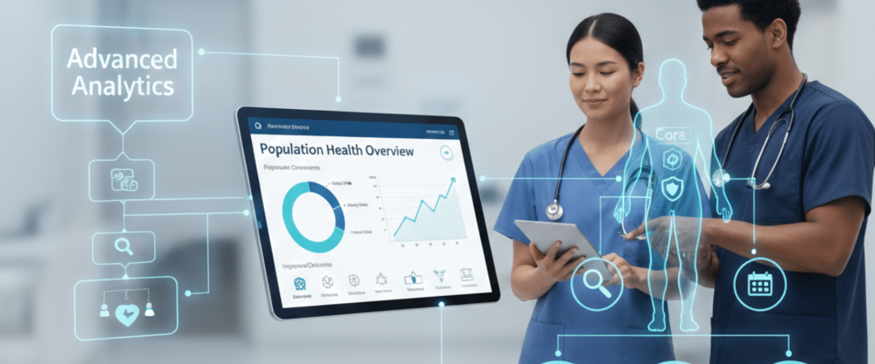 Two healthcare professionals review data on a tablet next to a digital screen displaying Population Health Management insights, analytics icons, and APCM Required Element 9 details.