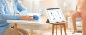 Split-screen image showing an elderly patient using a pulse oximeter with a blue heartbeat waveform overlay on the left representing Remote Patient Monitoring, and a standing adult doing a knee lift exercise beside a physical therapy tablet app on the right representing Remote Therapeutic Monitoring