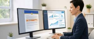 Medical practice administrator reviewing a UHC policy warning document alongside an RPM health dashboard showing positive patient outcomes, illustrating the contrast between UHC's 2026 RPM coverage cuts and Medicare fee-for-service expansion