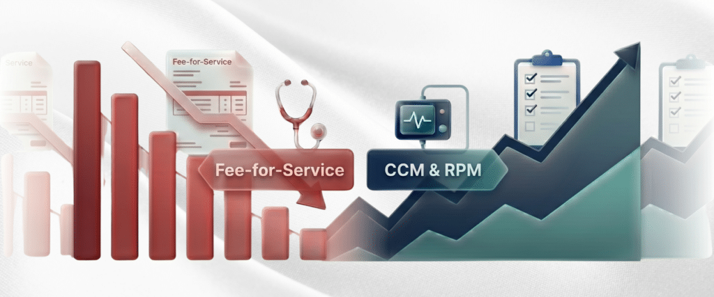 Illustration comparing declining fee-for-service reimbursement against rising CCM and RPM revenue, showing how care management programs protect Medicare practice income in 2026.