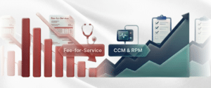 Illustration comparing declining fee-for-service reimbursement against rising CCM and RPM revenue, showing how care management programs protect Medicare practice income in 2026.