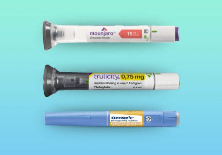 Three injectable diabetes medication pens, mounjaro, trulicity, and ozempic, displayed horizontally against a pale teal background, promoting health management.